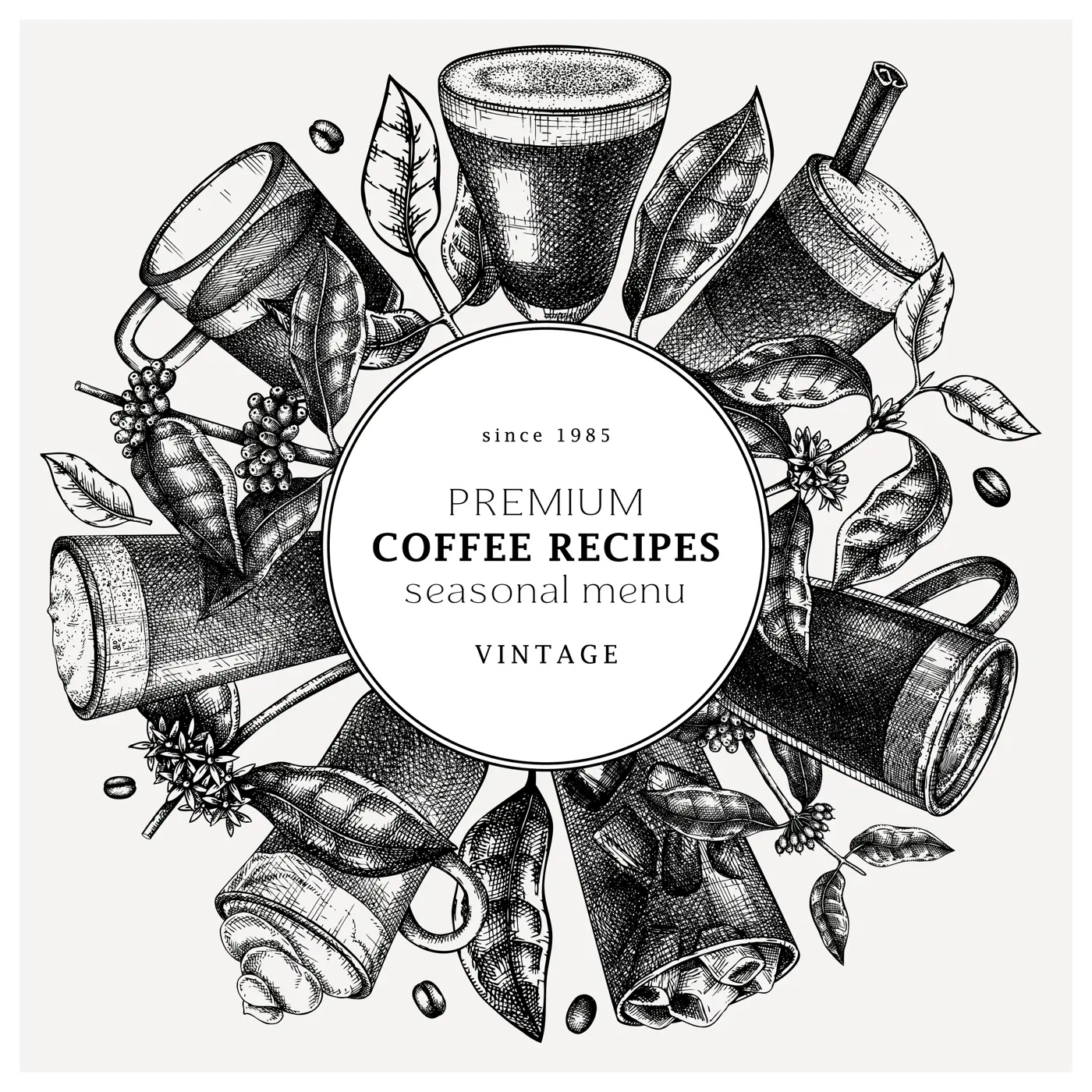 Hand-sketched coffee wreath design. Vector sketches of mugs with aromatic caffeine drinks. With coffee plants, leaves and beans in vintage style. Vector beverages template Illustration